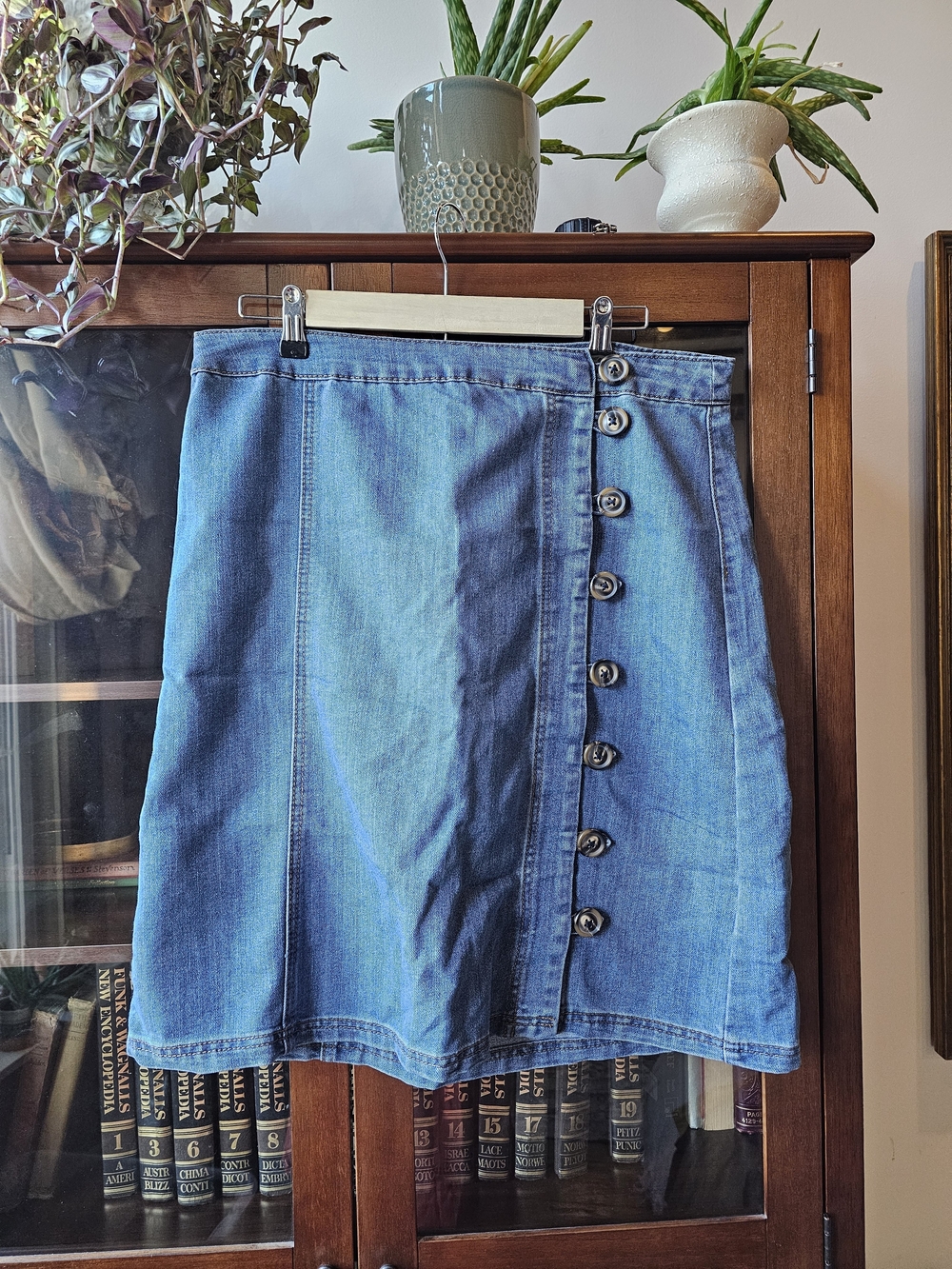 Classic Blue Denim Button-Front Midi Skirt